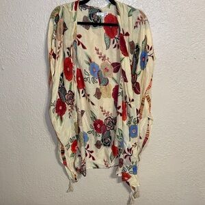 Woven Heart Cream Floral Open Kimono with Red and Blue Accents